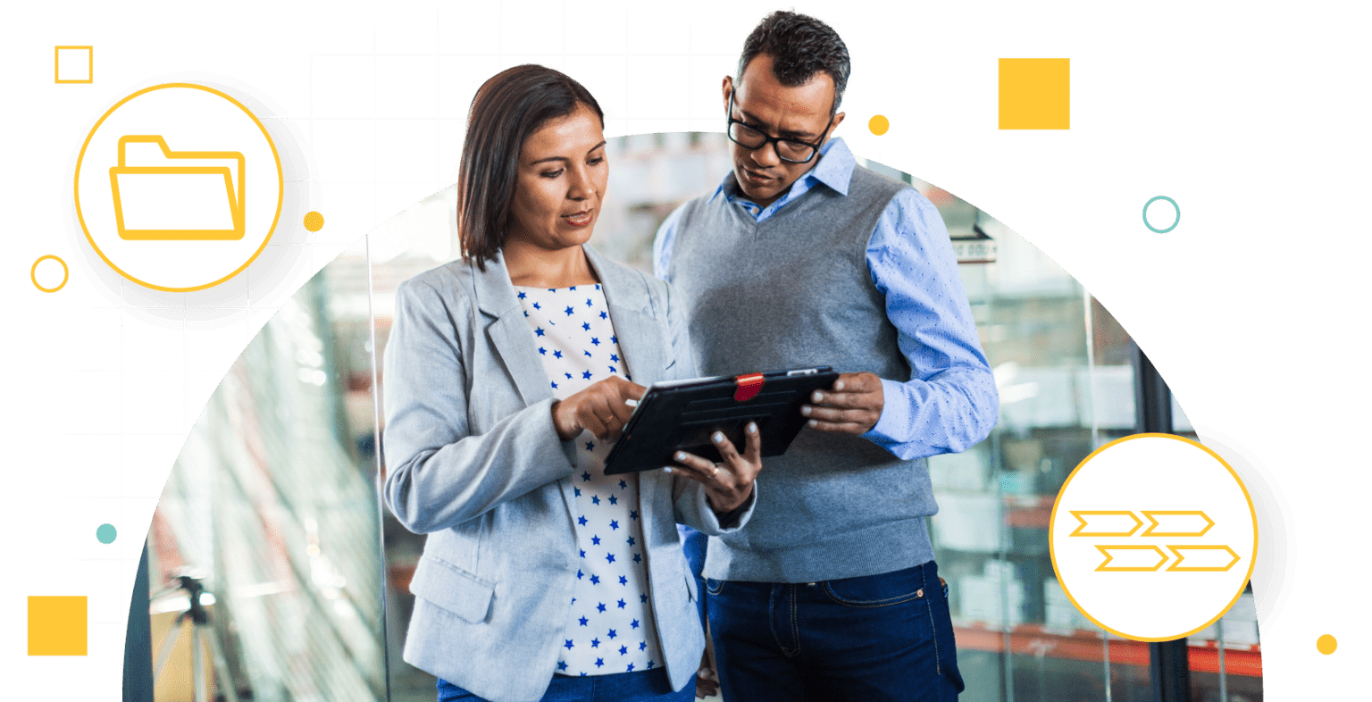 Graphic image depicting two people looking at a tablet surrounded by icons representing case management
